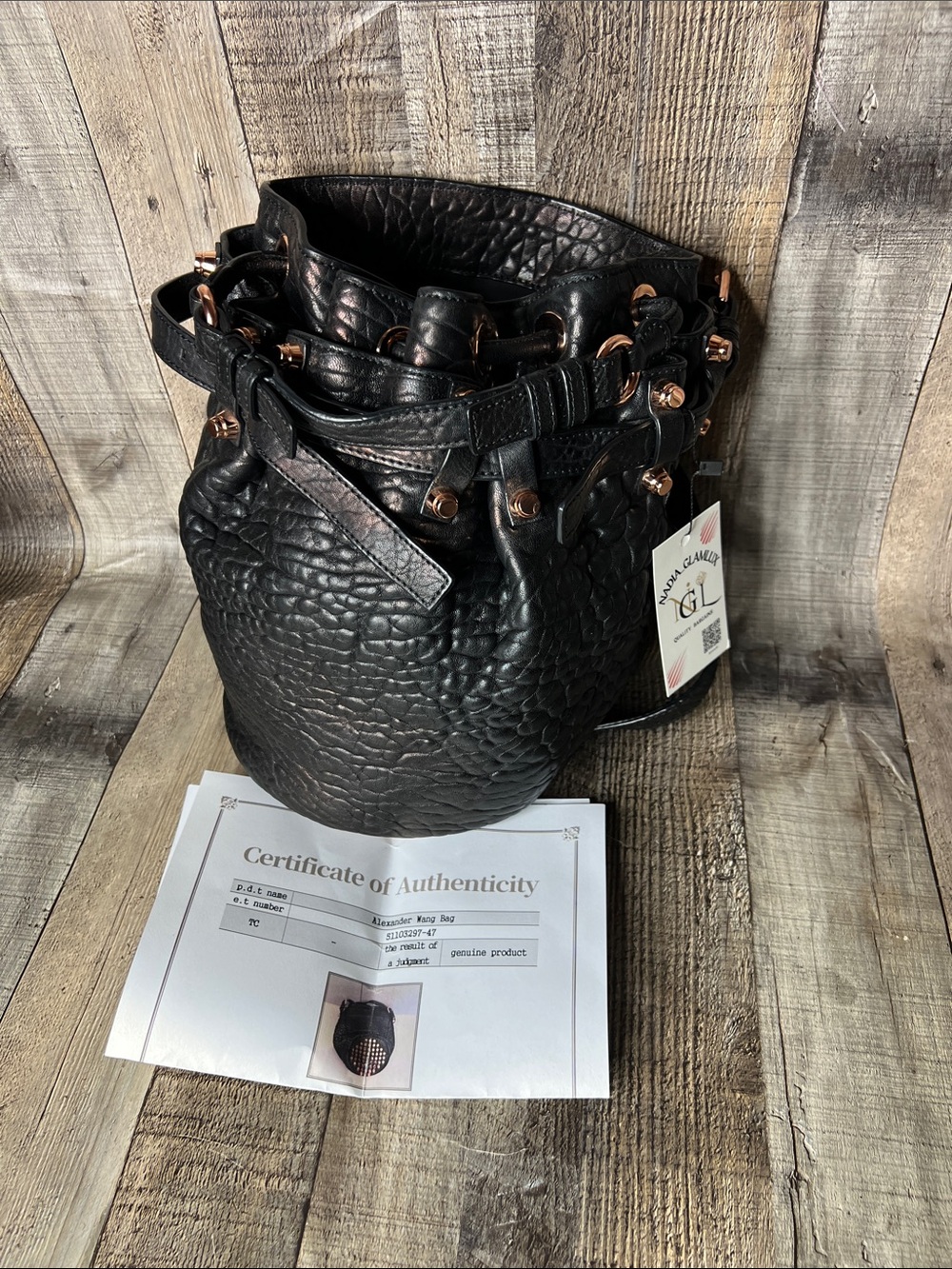 Alexander Wang Black Pebbled Leather Drawstring Duffel with Rose Gold Hardware